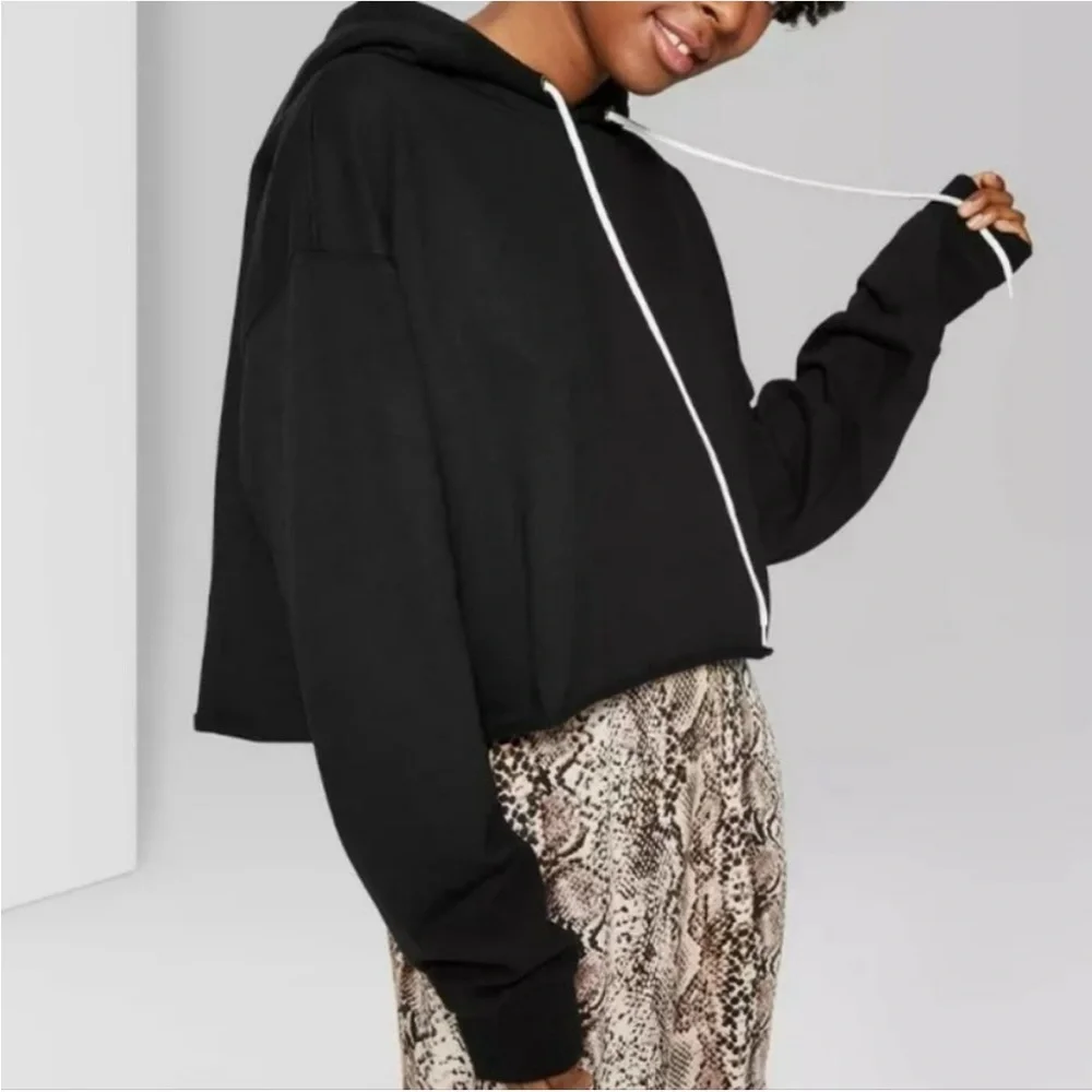 Wild Fable | Cropped Sweatshirt Hoodie Jacket Basic Black Oversized Raw Edge - Picture 5 of 6